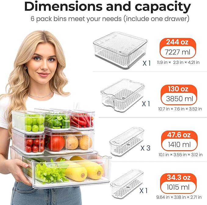 SMRCAD Clear Fridge Bins with Drain Trays - BPA-Free PET, Stackable(6 Pack) | 6 Pack: 1 Drawer + 5 lidded Bins, Helps Keep Produce Fresh, 16.3L Capacity, Hand Wash Only