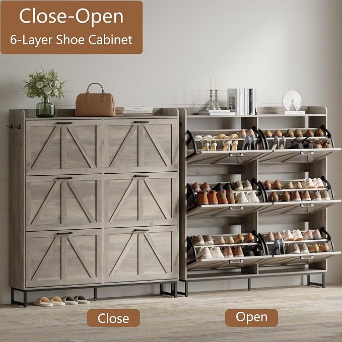 Shoe Cabinet with 6 Flip Drawers, Freestanding Hidden Shoe Storage Organizer for Entryway, Narrow Slim Shoe Rack Cabinet with Open Storage & Hooks for Front Door Entrance, Living Room, Hallway, Grey