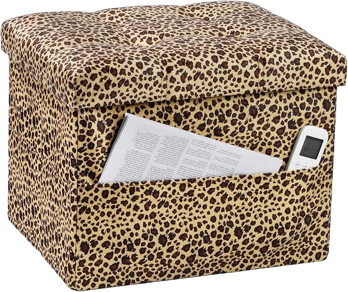 Bsketa Storage Ottoman Bench, 17" Folding Velvet Foot Rest,Leopard Print | Small Ottoman with Side Pockets, Thicker Foam Padded Seat, Livingroom, Dorm, Bedroom, Easy to install, 43L,17x13x13in