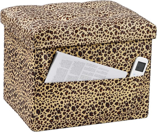 Bsketa Storage Ottoman Bench, 17" Folding Velvet Foot Rest,Leopard Print | Small Ottoman with Side Pockets, Thicker Foam Padded Seat, Livingroom, Dorm, Bedroom, Easy to install, 43L,17x13x13in