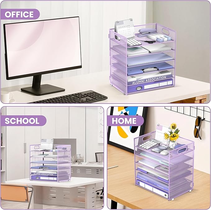 Daltack 6-Tier Paper Organizer for Desk with Handle, Purple, 2 Pack | Sturdy Metal Mesh Organizer with Movable Middle Trays and a Carry Handle for Papers, Folders and Office Supplies