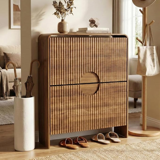 Slim Shoe Storage Cabinet for Entryway, Narrow Shoe Cabinet with 2 Tier Flip Drawers Doors, Fluted Hidden Shoe Rack Organizer for Entrance, Entry Way, Foyer, Hallway, Walnut