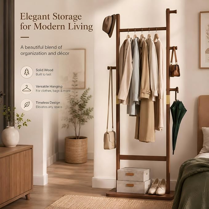 Solid Wood Coat Rack Freestanding, Clothing Rack with 5 Hooks & Bottom Shelf, Coat Rack Stand for Hanging Clothes, Wood Hall Tree Organizer for Entryway, Bedroom (Walnut Brown 23.6"W x 70.8"H)