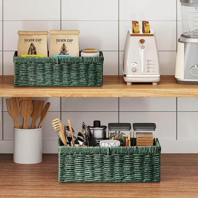 Wicker Storage Basket, 2-Pack Paper Rope Wicker Baskets with Handles, Toilet Paper Basket for Toilet Tank Top, Small Wicke Baskets for Organizing Decor Storage Bins for Shelves, Green