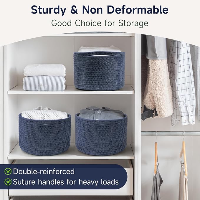 3 Pack Small Rope Storage Baskets, 9.82×9.82×7.1", Navy Blue | Cotton Basket for Gifts Empty, Cute Round Woven Basket, Decorative Shelf Basket Organizer, Organizing Basket for Shelves