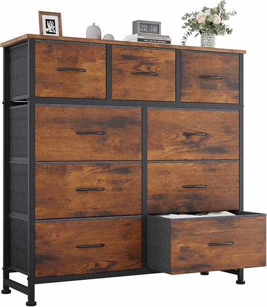 OLIXIS 9 Drawer Tall Dresser for Bedroom, Closet Organizers and Storage | Fabric Dresser with Wooden Top, Chest of Drawers for Clothes Storage, Tower Cabinet, Furniture, TV Stand, Rustic Brown