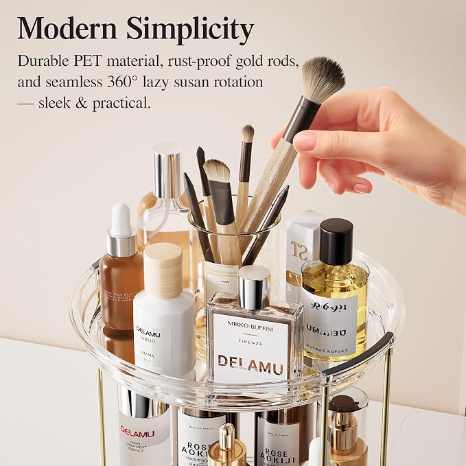 Delamu Rotating Makeup Organizer for Vanity, 2 Tier Bathroom Counter Organizer with Stackable Design, Spinning Skincare Organizer for Bathroom Countertop, Perfume Cosmetic Storage, Clear