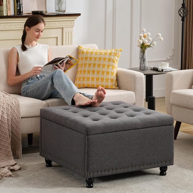 Tbfit Large Square Storage Ottoman Bench, Tufted Upholstered Coffee Table with Storage, Oversized Storage Ottomans Toy Box Footrest for Living Room, Dark Grey