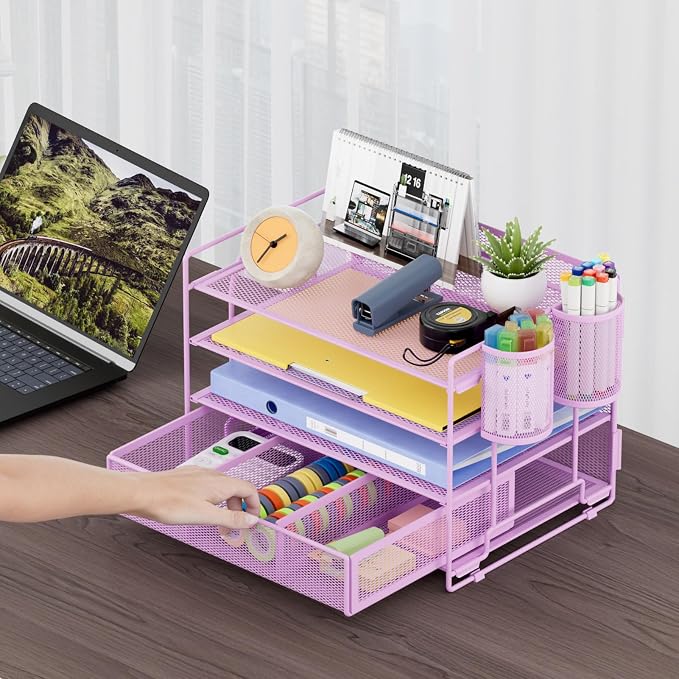 Marbrasse Desk Organizer, 4-Tier Paper File Letter Tray, Purple | Sturdy Paper Tray, File Holder, Built-in Drawer, 2 Pen Slots, fits Letters/Files, for School Home Office Supplies