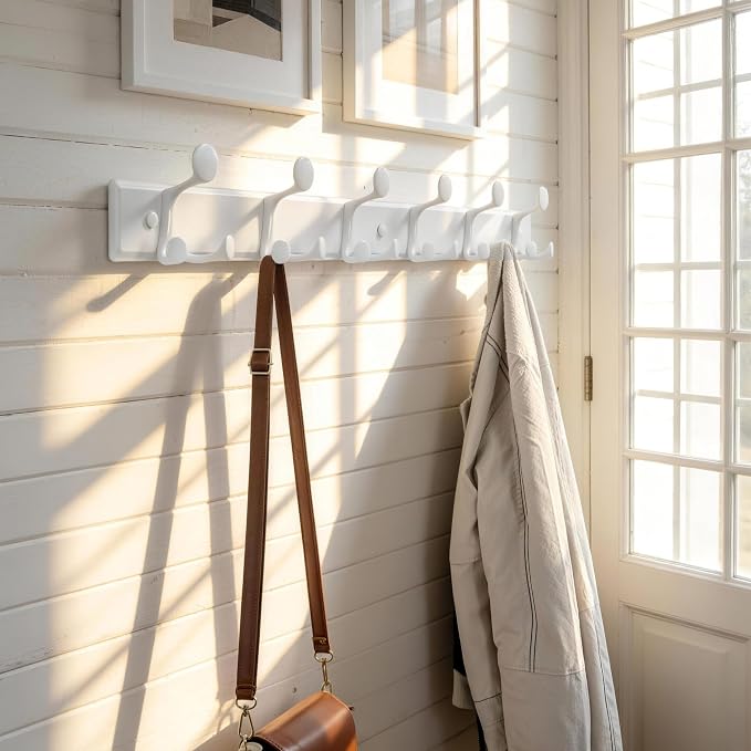 SKOLOO 18 Hooks Wall Mounted Coat Rack, 36 Inch Modern Coat Hanger for Entryway, Bathroom, Garage, Lightweight with 16 Inch Stud Spacing Design, Matte White(Pack of 2)