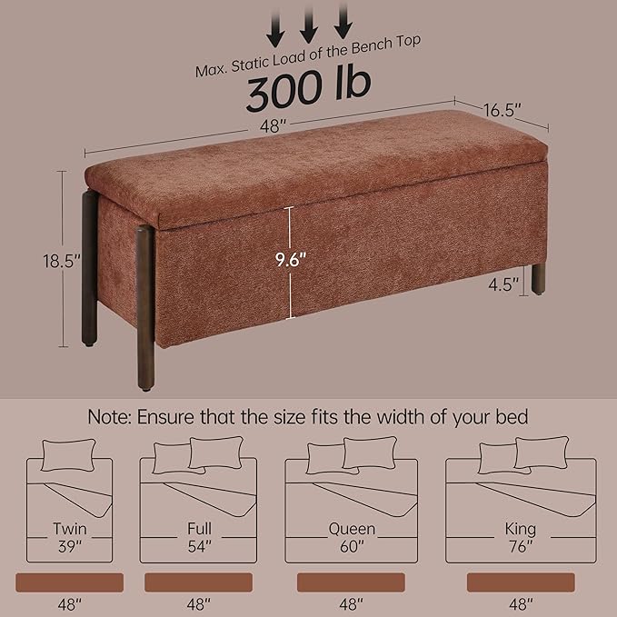 Usaint Wooden Storage Ottoman Bench, 47" Fabric Upholstered End of Storage Bench with Rubberwood Legs, Entryway Bench with Storage for Bedroom, Living Room, Reception, Cloakroom, Rusty Red