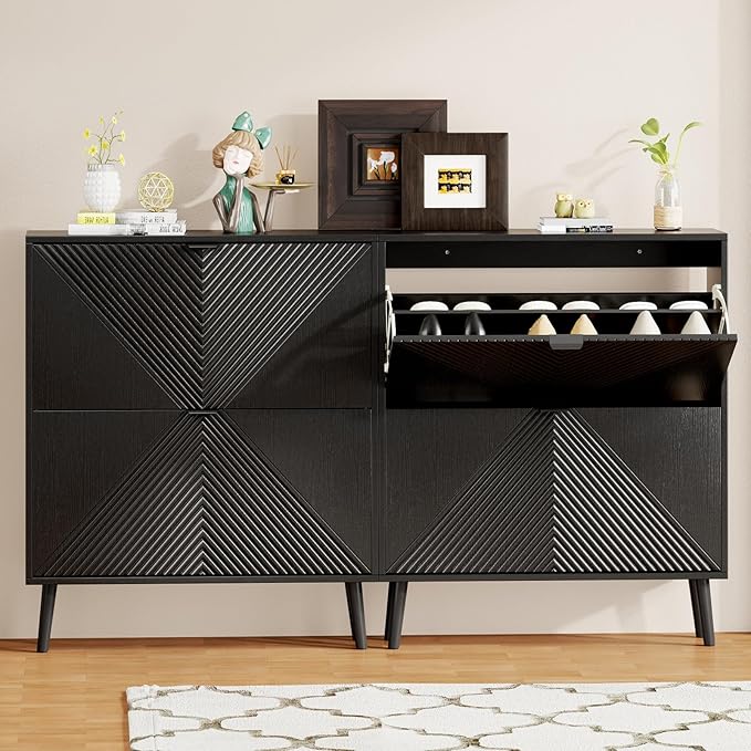 oakvivo Shoe Cabinet Storage, Farmhouse Freestanding Organizer with 2 Flip Drawers and 4 Wooden feet, Narrow Shoe Rack Cabinet for Entryway, Foyer, Hallway, Black