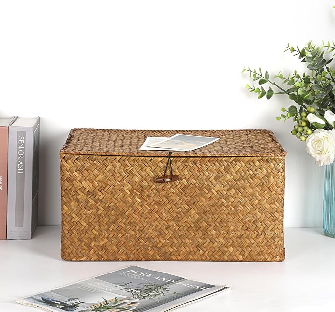 Hipiwe Wicker Shelf Baskets Bin with Lid Handwoven Storage Basket, X-Large | Rectangular Basekts Bins Natural Seagrass Household Basket Boxes for Shelf Wardrobe Home Organizer, Caramel