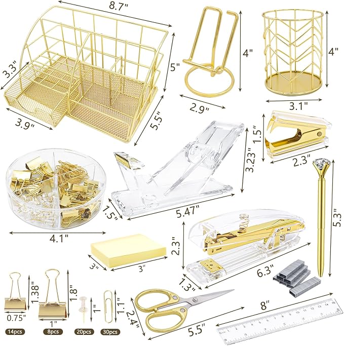 Gold Desk Organizers,Desk Accessories,Office Supplies Set,13PS Set with Acrylic Stapler,Tape Dispenser,Staple Remover,Pen Holder,Clips,Scissor, Phone Holder,Pen