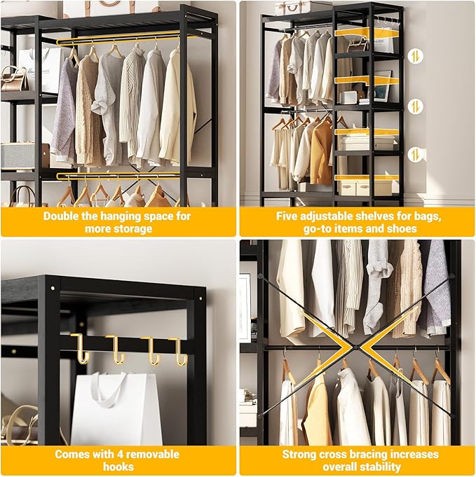 Bamboo Clothes Rack Garment Rack for Hanging Clothes, Heavy Duty Clothing Rack with 7 Tiers Adjustable Shelves, Double Rods, 4 Hooks, Freestanding Closet System Organizer Wardrobe, Black