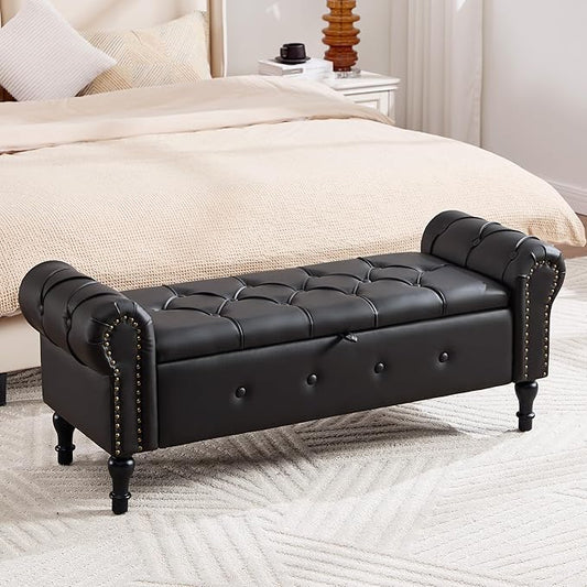 Storage Bench 51" Faux Leather End of Bed Benches Obsidian Black | Queen Size Storage Bench for Bedroom with Rolled Arms Tufted Ottoman Benches Upholstered Bench for Living Room Entryway