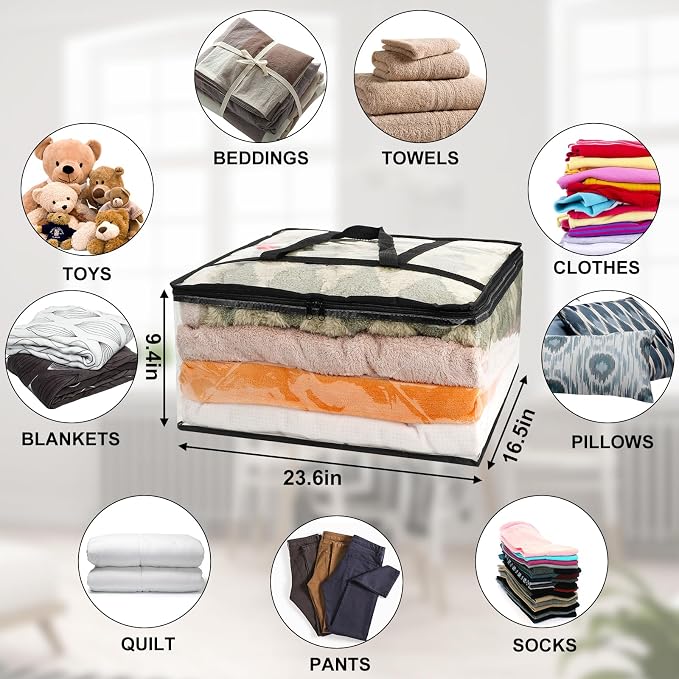 8Pack Clear Blanket Storage Bags, Vinyl Comforter Clothes Storage Closet Organizers and Storage Containers Moving Bags with Reinforced Handle for Bedding, Clothing, Comforters, Pillows, Toys,60L