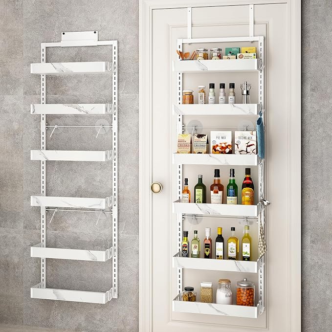 BUKFEN 6-Tier Over the Door Pantry Organizer, 2-in-1 Door Hanging or Wall Mounted Spice Rack, Heavy Duty Metal Storage Shelves with Adjustable Baskets for Kitchen Bathroom Closet, 1 Pack