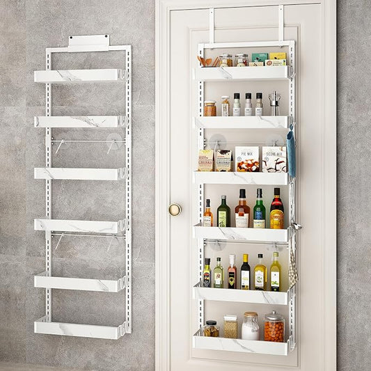 BUKFEN 6-Tier Over the Door Pantry Organizer, 2-in-1 Door Hanging or Wall Mounted Spice Rack, Heavy Duty Metal Storage Shelves with Adjustable Baskets for Kitchen Bathroom Closet, 1 Pack
