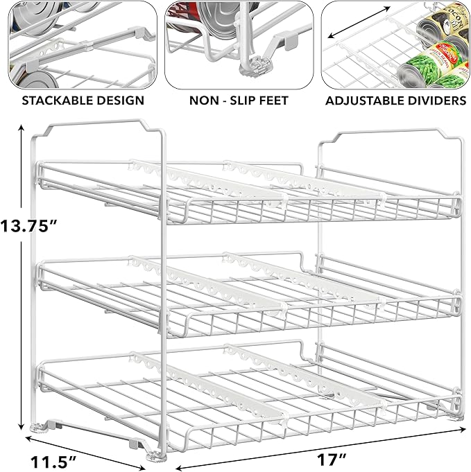 Simple Houseware 3-Tier Stackable Can Organizer Rack Hold 36 Cans, White | Can Food Storage Dispenser for Pantry/Cabinet, Adjustable Dividers – 11.5" D x 17" W x 13.75" H