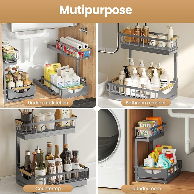 Under Sink Organizer and Storage 2 Tier Cabinet Pull Out Shelf Organizers | 2 Pack 2 Tier under sink storage for Bathroom and Kitchen Slide Out Drawer Organization for Home Cabinets Shelves and Drawers