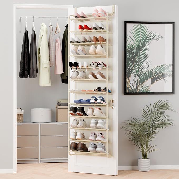 Whitmor 36 Pair Over The Door Shoe Organizer, 12 Tier Hanging Shoe Organizer, Heavy Duty Metal & Mesh Shoe Holder, Hanging Shoe Rack for Closet Organizer & Storage, 74"H x 21.7"W x 7.5"D, Beige