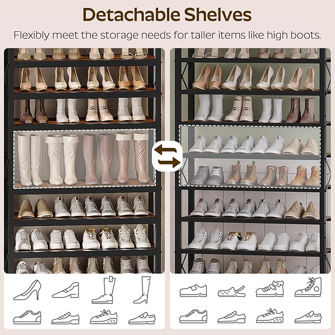 10-Tier Tall Shoe Rack Organizer, Wooden Shoe Storage for Closet Holds 40 Pairs, Sturdy Shoe Shelf with X-Shaped Metal Support, for Entryway, Bedroom, Rustic Brown and Black SS210BR