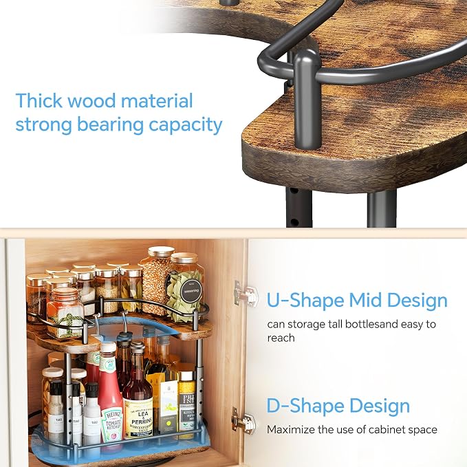 Lazy Susan Organizer Spice Rack - Spice Organization for Cabinet Height Adjustable Rotating Lazy Turntable, Pantry Kitchen Wood Revolving Seasoning Organizer (Vintage, 12 Inch)