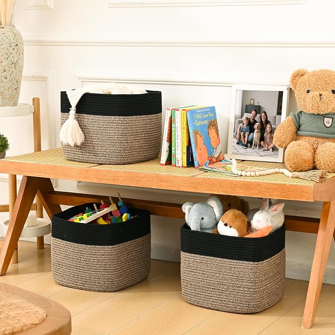 3 Pack Cube Storage Bin, 12”x12”x10” Cotton Rope Woven Baskets for Organizing Toys Clothes Towels, Square Gift Storage Baskets for Shelves, Nursery, Closet, Bathroom, Pantry (Black & Brown)