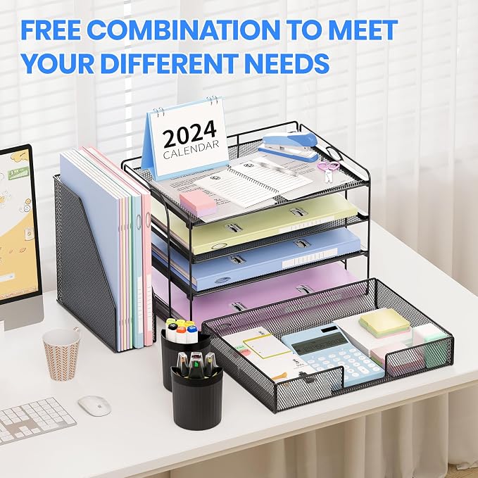 OPNICE Desk Organizer, 4-Tier Desktop File Organizer with Drawer and Pen Holders, Office Desk Accessories, File Sorters, Workspace Organizers for Office Supplies(Black)