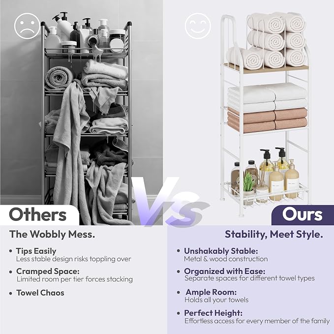 SWTYMIKI Free Standing Towel Rack - 3 Tier M-Shaped Detachable Dividers Towel Shelf for Bathroom, Durable Metal Pool Towel Holder, Modern Space-Saving Bath Towel Storage Organizer
