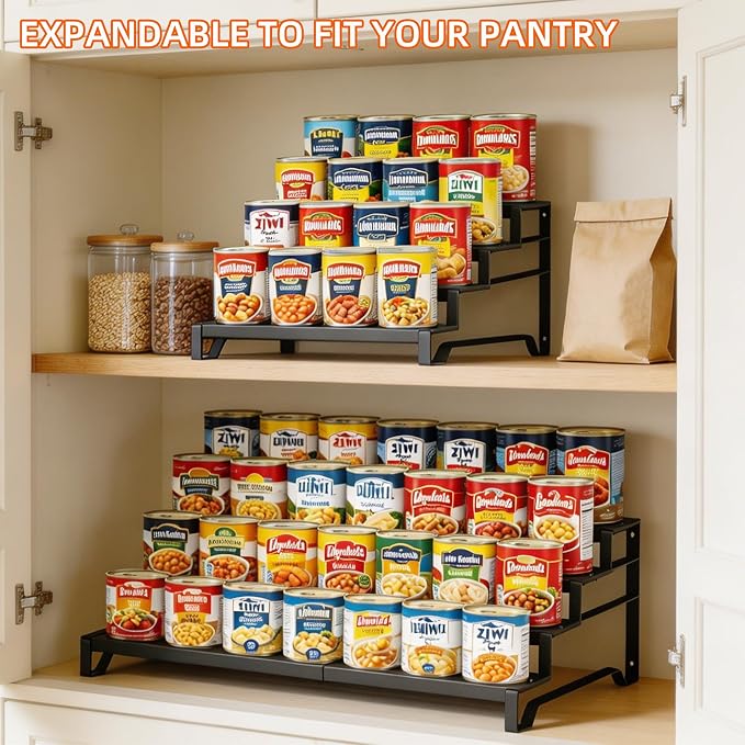Expandable Can Organizer for Pantry, 4-Tier Adjustable Metal Can Rack | Tiered Countertop Shelf, Adjustable height Pantry Organizer for Kitchen Cabinet, Countertop & Canned Goods Storage