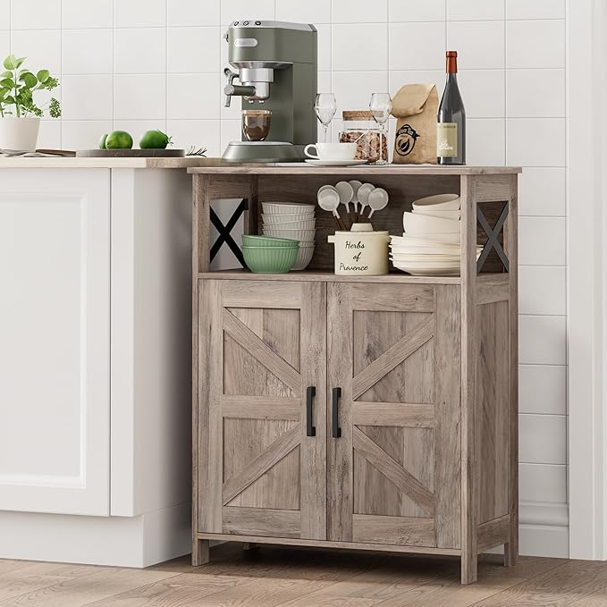 Homhedy Farmhouse Bathroom Storage Cabinet with Doors, Small Floor Cabinet | Toilet Paper Cabinet with Adjustable Shelf, Freestanding Storage Cabinet for Kitchen/Laundry/Living Room, 24"W, Greige