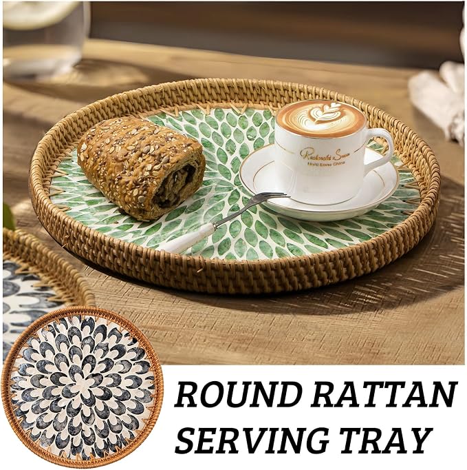 Round Rattan Tray with Mother of Pearl Inlay, Wooden Base | Coffee Table Serving Tray, Home Decorative Wicker Woven, for Outoor Patio Decor