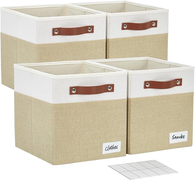 Bagnizer Collapsible Fabric Storage Cube Bins with 2 Reinforced PU Handles, Foldable Storage Organizer Baskets for Closet, Shelves, Living Room | 13"x13"x13", 4 Pack, Beige & White