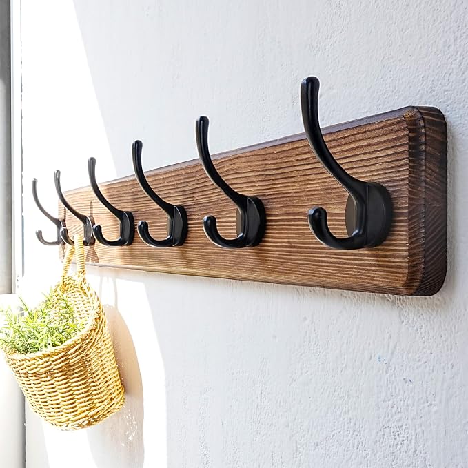 Coat Rack Wall: 24" Long, Patented, Heavy-Duty, 6-Double-Hooks Wooden Wall Mounted Coat Rack Coat Hanger Hook Rail for Winter Coats Hat Jacket Clothing, Natural & Black