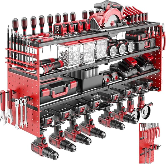 33" Metal Power Tool Organizer Wall Mount,4 Tier,Red | Heavy-Duty Metal,320 LBS Capacity,8 Cordless Drill Holders,Adjustable Hooks,Tool Shelf for Garage Workshop Shed,Pegboard