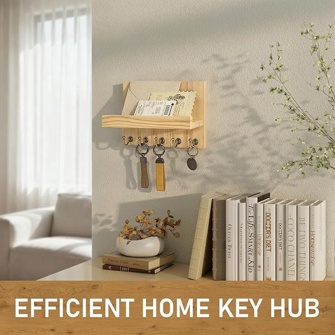 Rebee Vision Key Holder Wall Mount with 5 Hooks for Entryway, Original Wood | 3.54 x 10 x 7.28 Inches, Pine Wood Build, Farmhouse Key Holder for Wall, Mail and Letter Storage, Compact Space-Saving Design