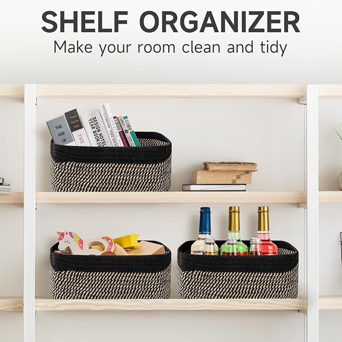 3-Pack Shelf Baskets for Organizing, Closet Organizer Bins, Small Woven Baskets, Rope Toy Basket, Storage Basket for Shelves, Cube Decorative Box, 11.8×7.8×5.1”, Black Brown