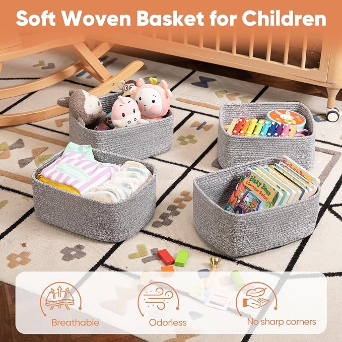 OIAHOMY 4 Pack 14.17 * 11.02 * 6.3IN Storage Baskets for Organizing Shelves, Woven Rope Baskets for Organizing Books, Clothes, Decorative Basket for Living Room, Nursery, Bedroom, Gift Basket, Grey