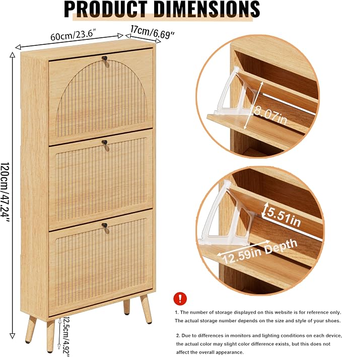 Fsbecl Shoe Storage Cabinet for Entryway with 3 Flip Drawers, Oak | Narrow Single Layer Design, 23.6'' Freestanding Shoe Rack, Wooden Hidden Organizer for Hallway Foyer, 6-9 Pairs
