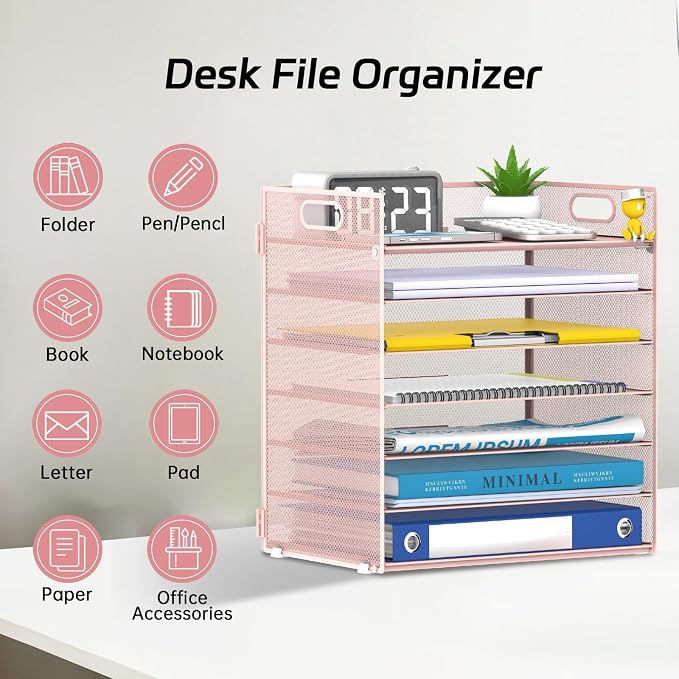 7 Tier Paper Organizer for Desk with Letter Trays & Handle | Black Desk File Organizer with Handle for Sorting Papers, Files, Folders, Mail, Bills and Office Supplies