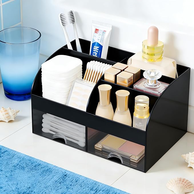 Makeup Organizer with 2 Drawers, Cosmetic Storage for Dresser Vanity and Bathroom Countertop,Make up organization and Skincare Storage with Beauty Brush Holder, Cosmetic Display Case 2Pcs Black