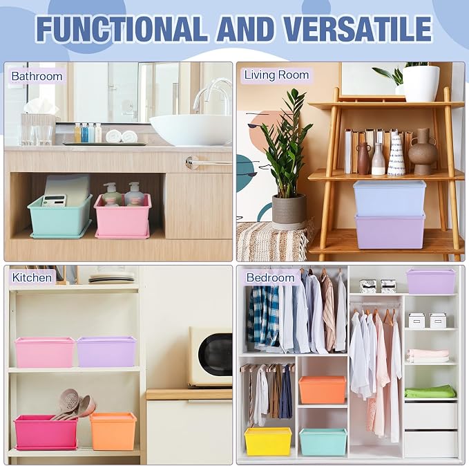 8 Pcs Storage Bins with Lids Small Plastic Storage Containers Stackable Storing Baskets Box Cute Organizer Bins for Organizing Shelves (Mixed Color)