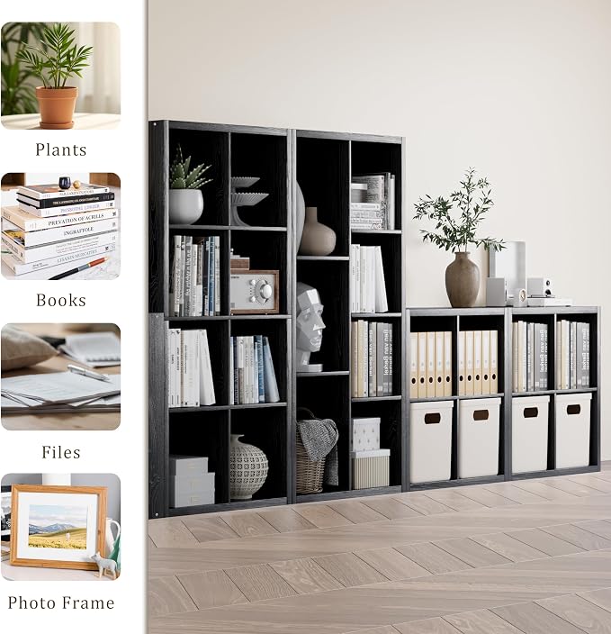 VDNEND Cube Storage Organizer Bookcase, Decorative 11 inch Open Back Cubical Shelf with Thickened Border, Display Bookshelf for Living Room, Home Office, Sturdy Room (Black, 8 Cube)