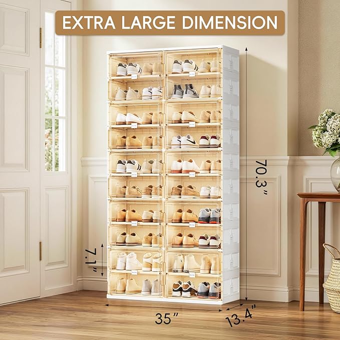 JEKO&JEKO 10 Tiers Foldable Shoe Rack Organizer Cabinet for Closet Entryway, Large Collapsible Shoe Storage Box with Magnetic Doors Fits Up to 40 Pairs (White)