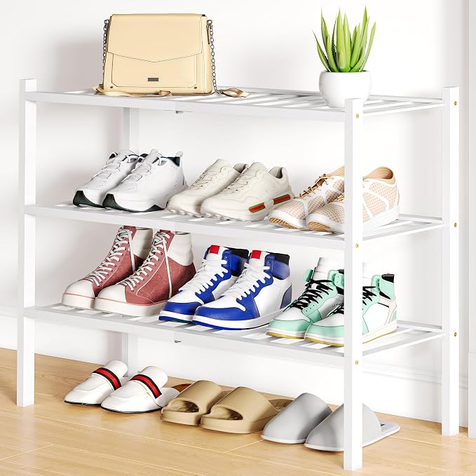 Smiry Bamboo Shoe Rack, 12 Vertical Slats, 3 Tier - 26.8" Wide, White | Stackable Free Standing Wooden Shoe Organizer, Wood Shoe Storage Shelf for Closet, Entryway