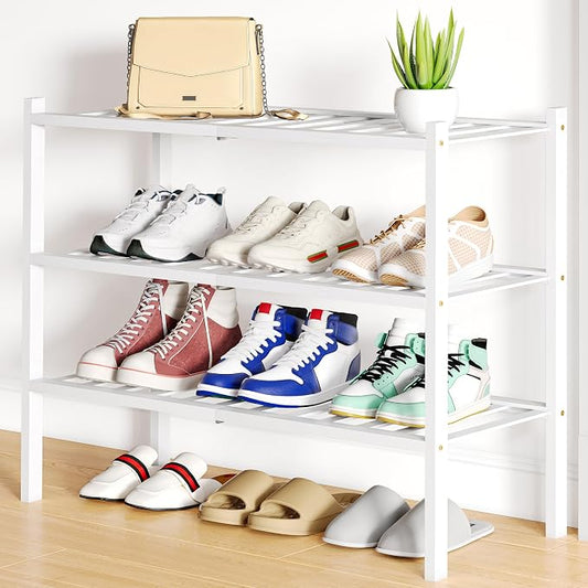 Smiry Bamboo Shoe Rack, 12 Vertical Slats, 3 Tier - 26.8" Wide, White | Stackable Free Standing Wooden Shoe Organizer, Wood Shoe Storage Shelf for Closet, Entryway