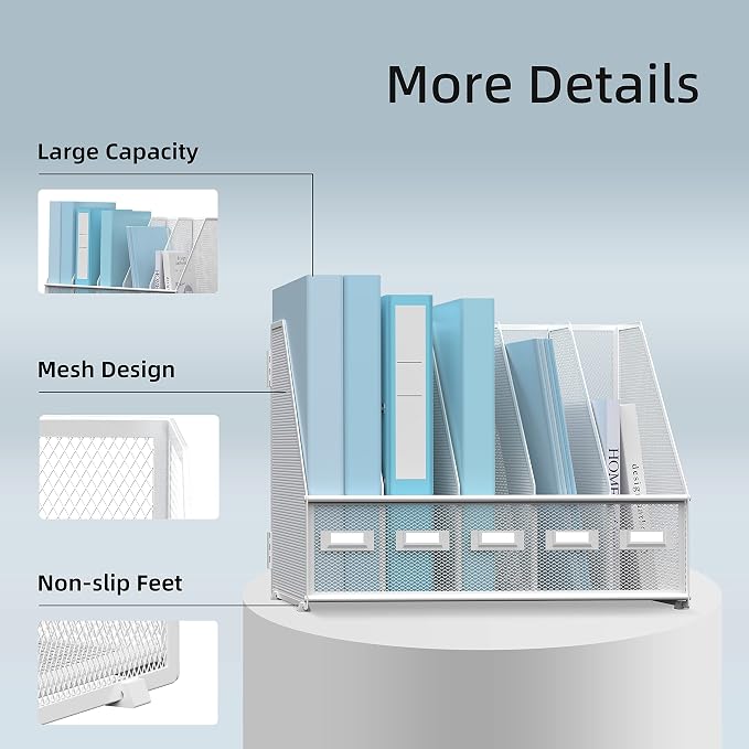 SUPEASY Desk Organizers Metal Desk Magazine File Holder with 5 Vertical Compartments Rack File Organizer for Office Desktop, Home Workspace, White (Pack of 2)