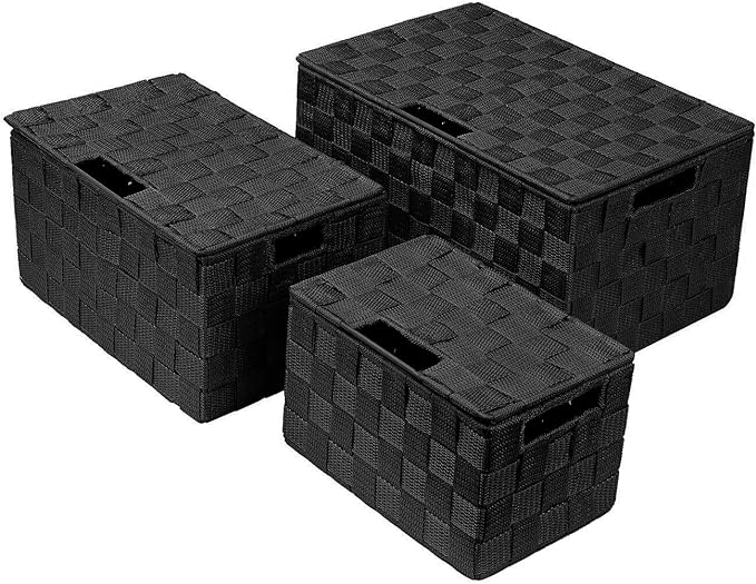 Sorbus Set of 3 Black Woven Storage Baskets with Lids – Mesh Hand-Woven Bins for Closet, Shelf, and Linen Organization – Variety Pack
